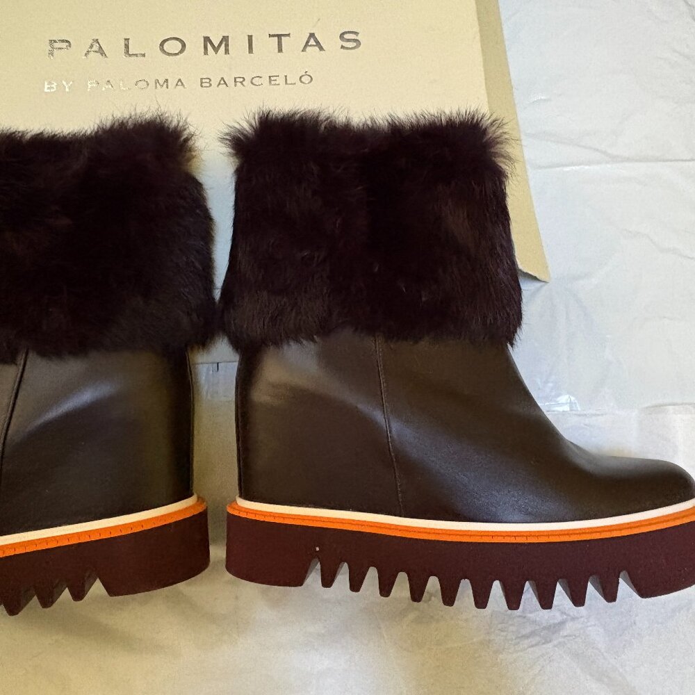 Palomitas Paloma Barcelo Boots Wedge Booties Sz 38EU/37.5US Real Fur Decor $590 - Picture 2 of 13